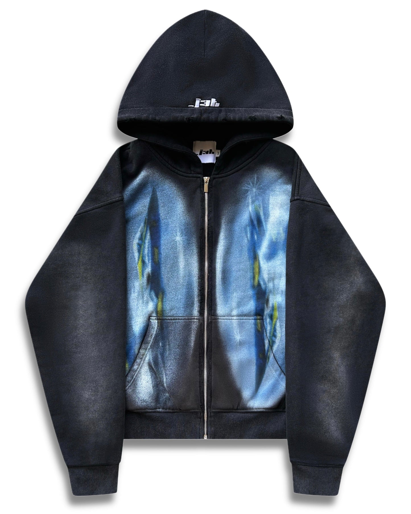 flat lay product shot of the dog fight zip up by j3t. j3t is embroidered on the hood. The hood and zipper also has some minor destressing. you can see the print clearly in this picture. j3t