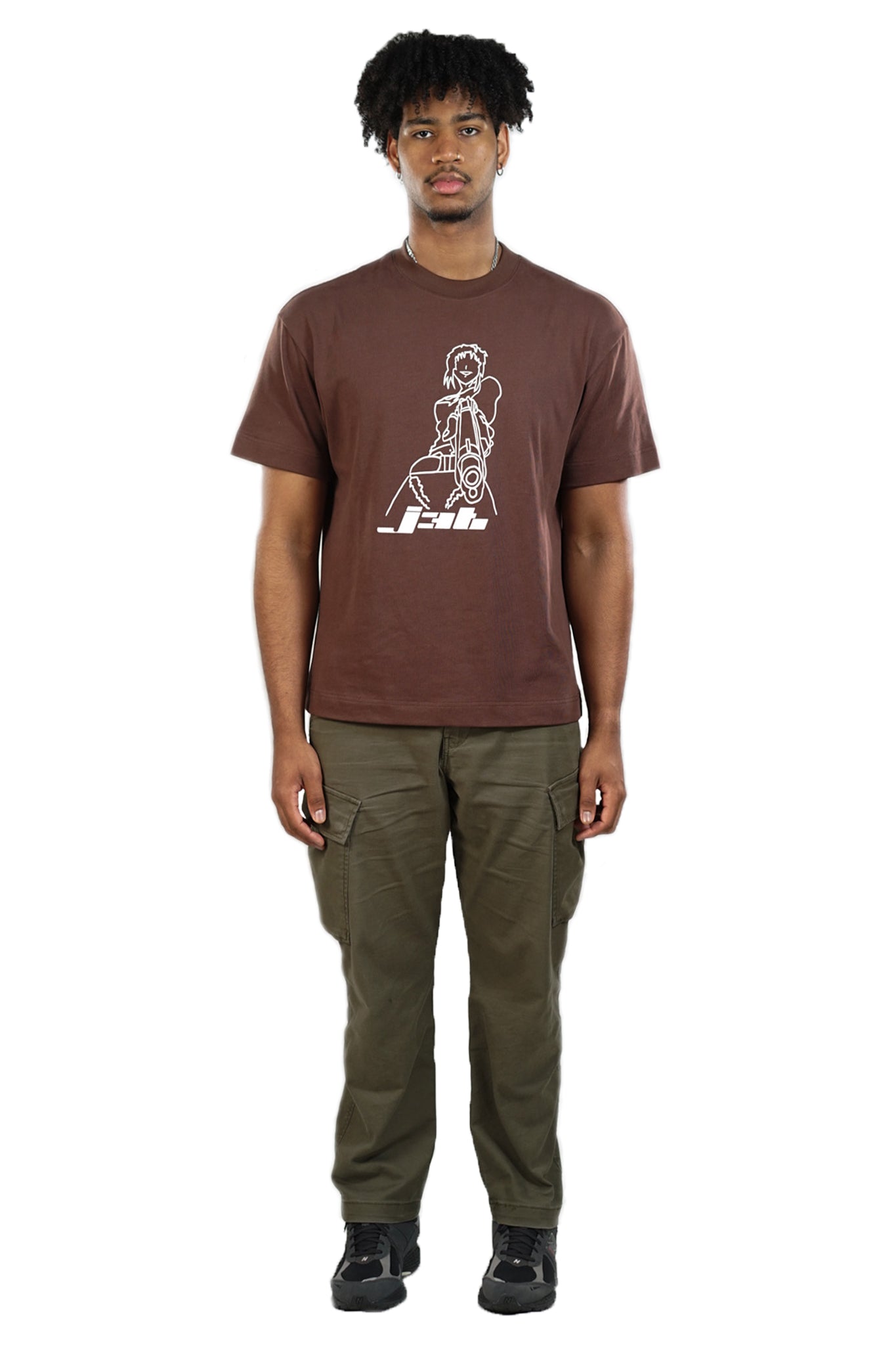 6'2" male wearing Remy Tee brown in a size large - front angle