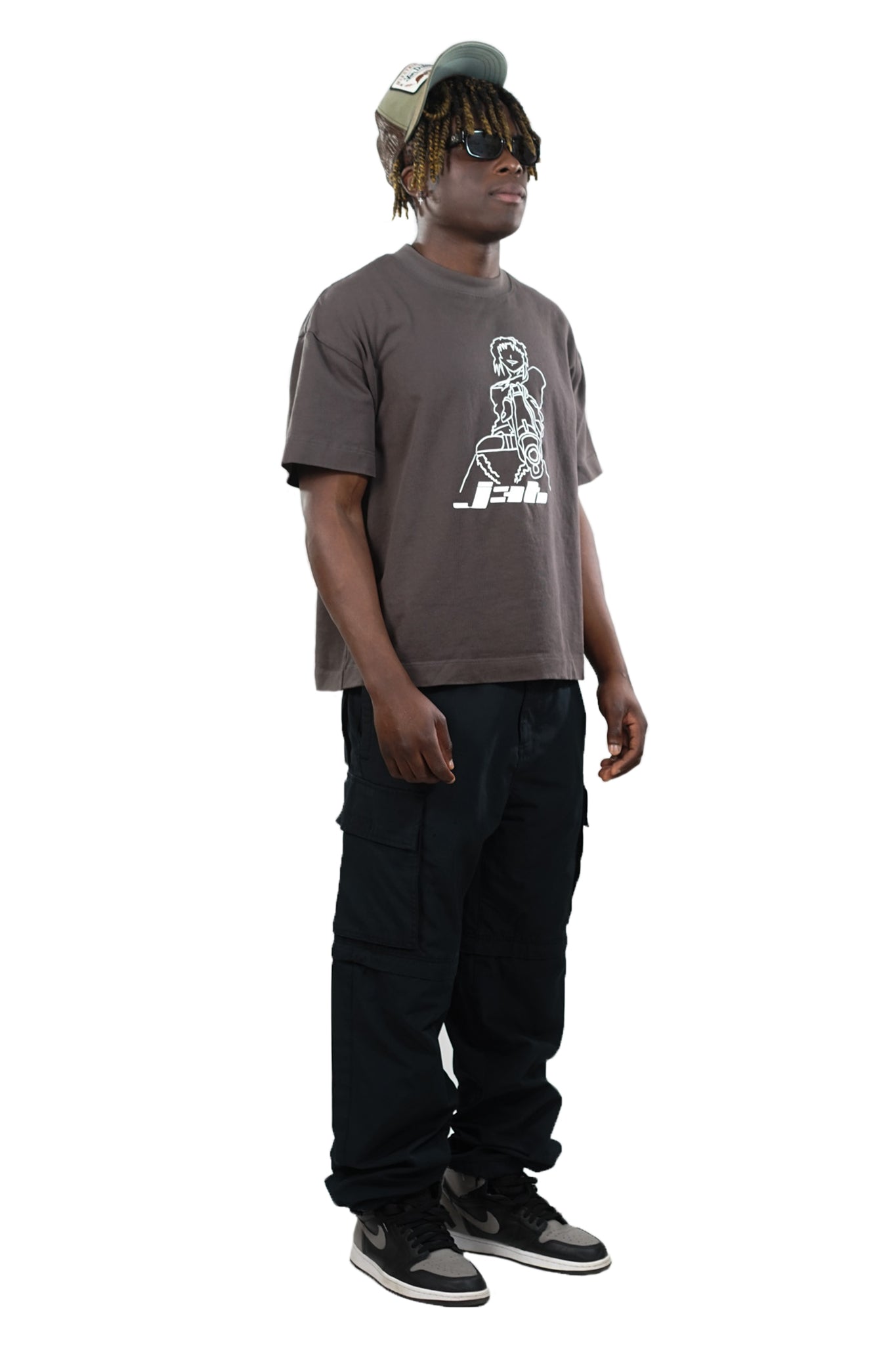 5'9" male wearing Remy Tee grey is a size medium - 45 degree angle