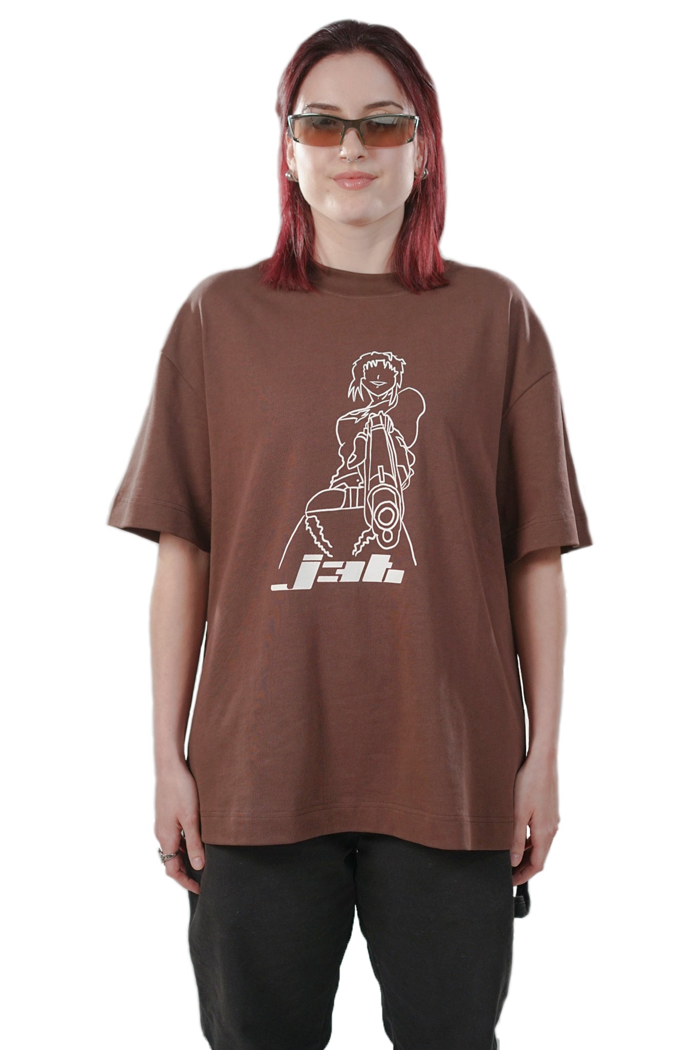 5'5" female wearing Remy Tee brown in a size large - medium shot