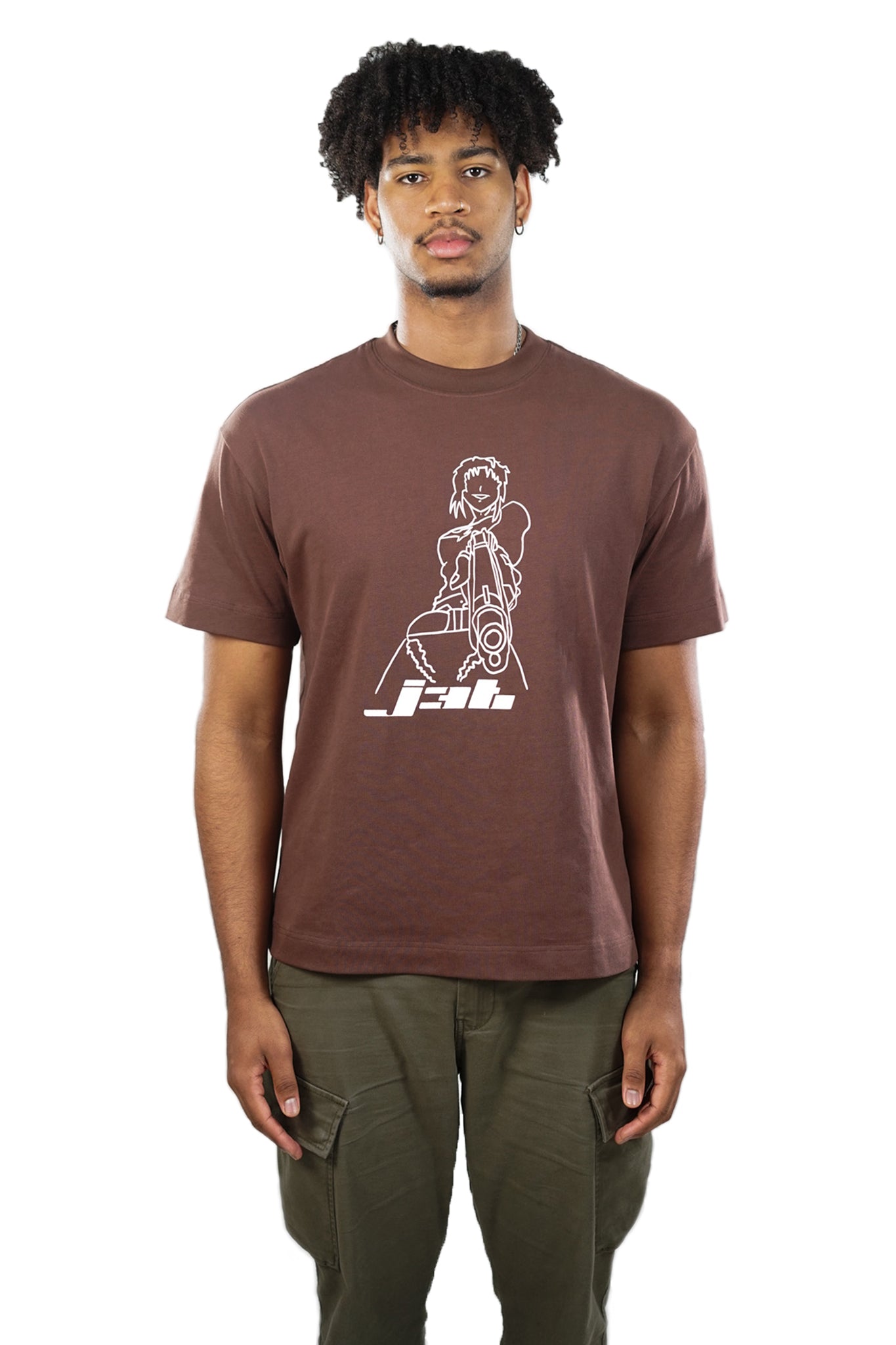 6'2" male wearing Remy Tee brown in a size large - medium shot