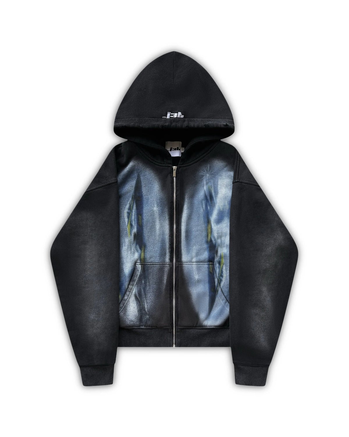 Flat lay image of the dogfight zip up. Two large oval print of fighter jets is visible on both side of the zipper. The hoodie is black and has vintage wash and distressing. J3T