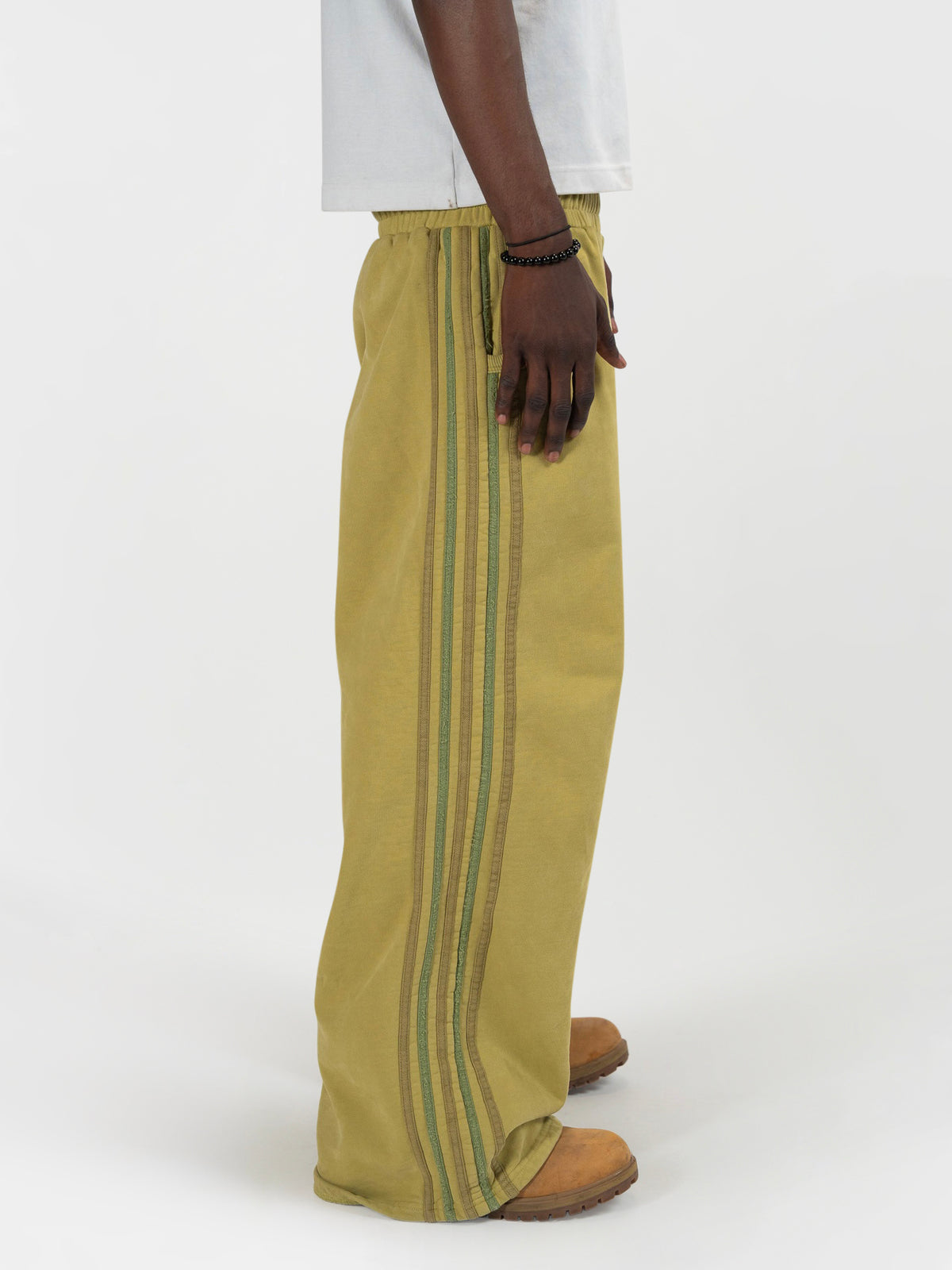 Male model wearing the matcha sweats. It is a close up shot of the side, from beneath his elbows. everythingj3t