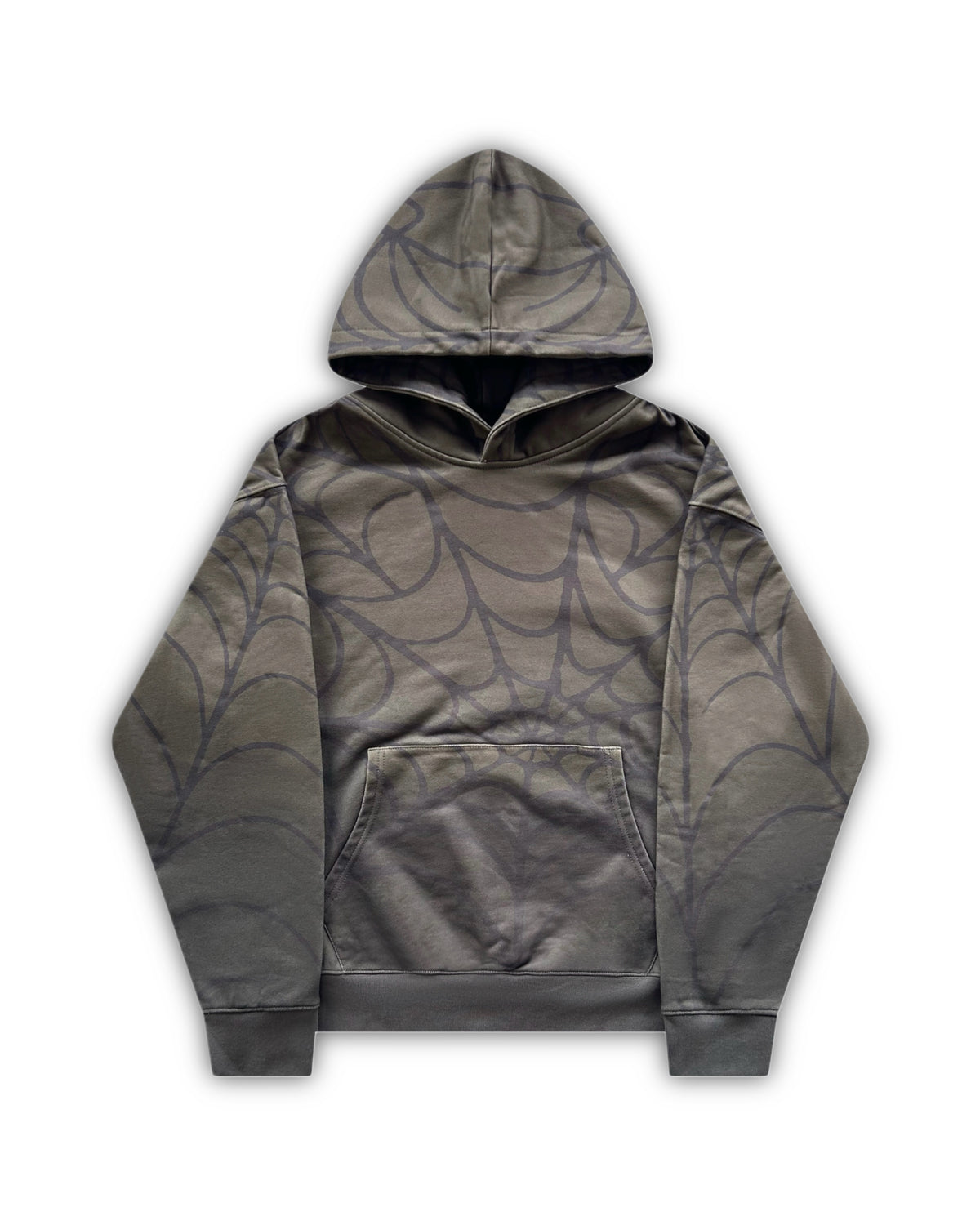 Flat lay image of the green spider hoodie by j3t. It is olive green, with an all over spider web print that is dark grey
