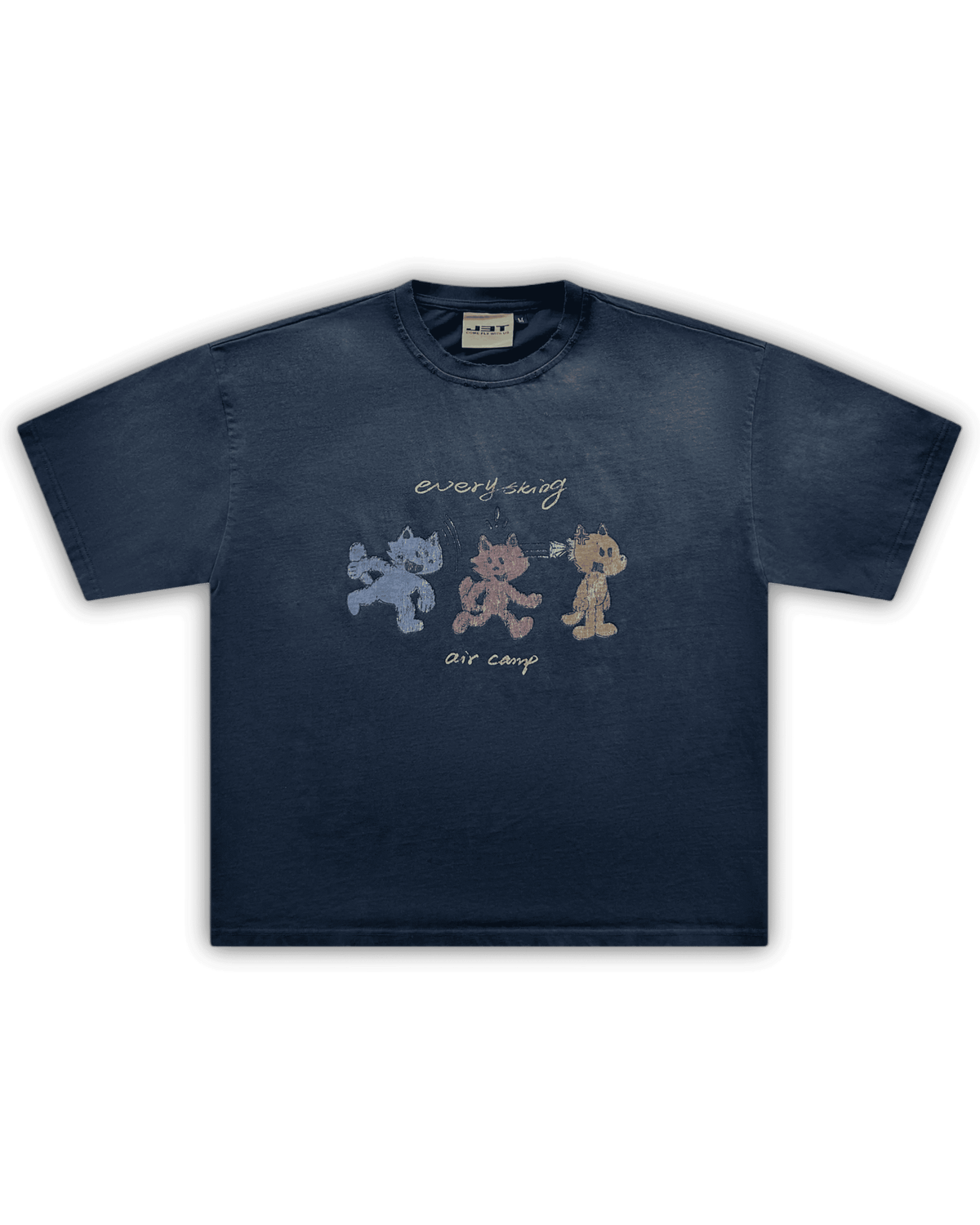 Flat lay image of the air camp tee by j3t. It is navy blue, featuring 3 wolf-like cartoon characters - blue, red and orange. above them is the text "everything". below them is the text "air camp"