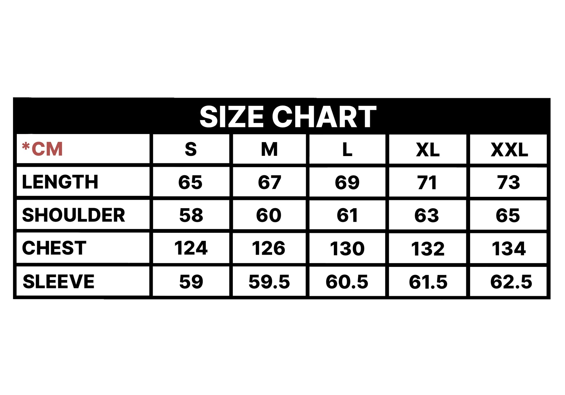 A size chart table showing measurements in centimeters for S, M, L, XL, and XXL sizes, with columns for length, shoulder, chest, and sleeve.