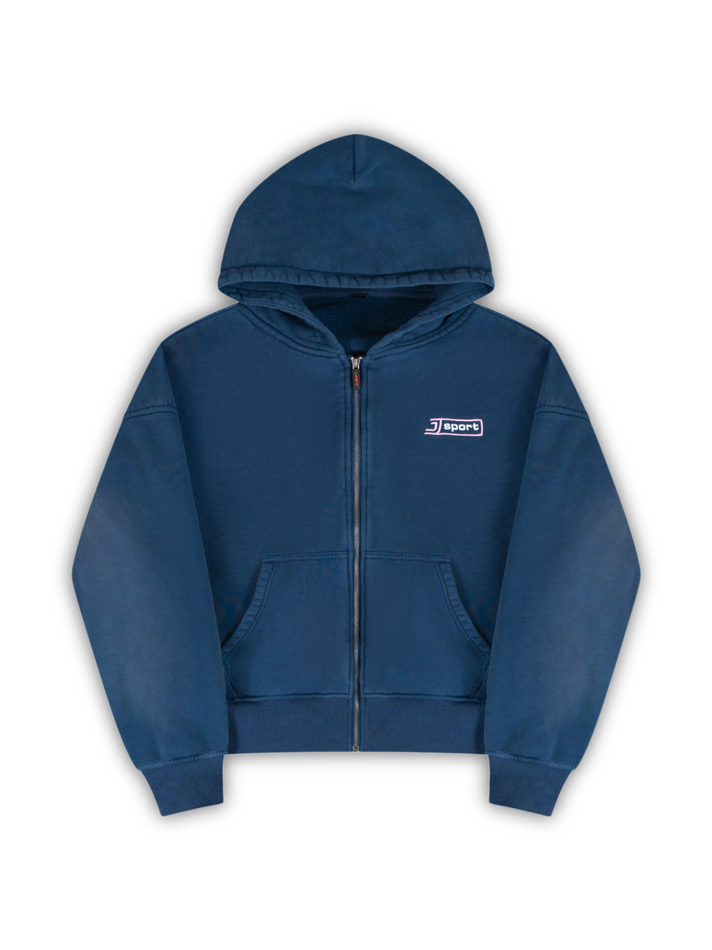 Flat lay picture of the J Sport zip: A navy zip-up hoodie with a small white and pink 'J Sports' embroidery logo on the left chest. j3t