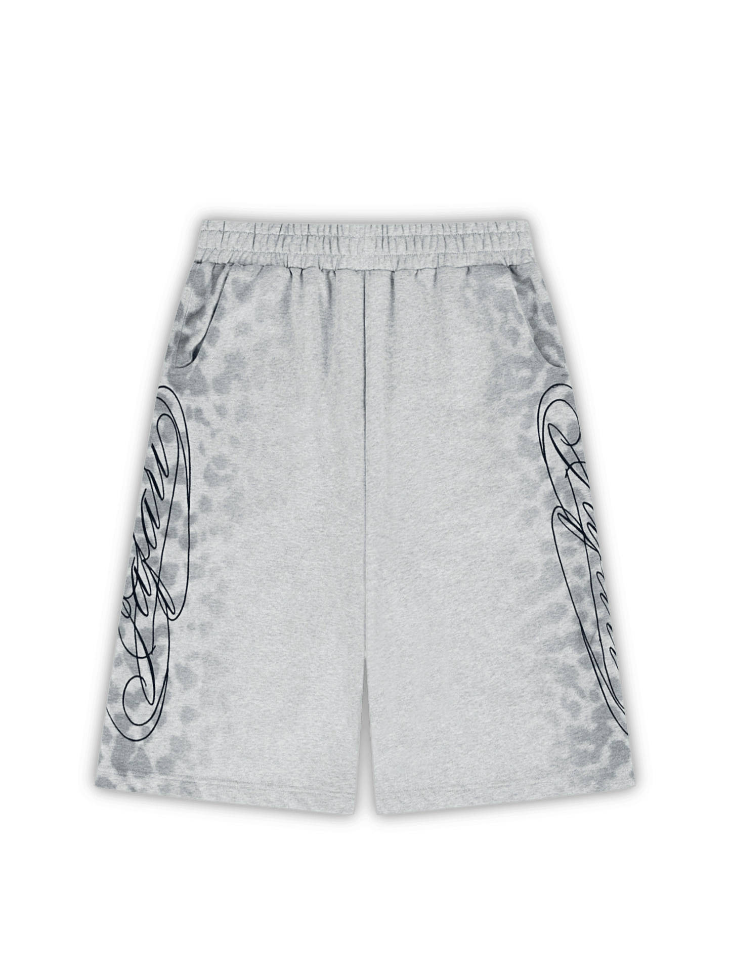 Flat lay angle of the jafari shorts. They are long enough to cover the knees. They have leopard printed patterns on each side, and a large jafari navy blue embroiderey on top of the prints. J3T