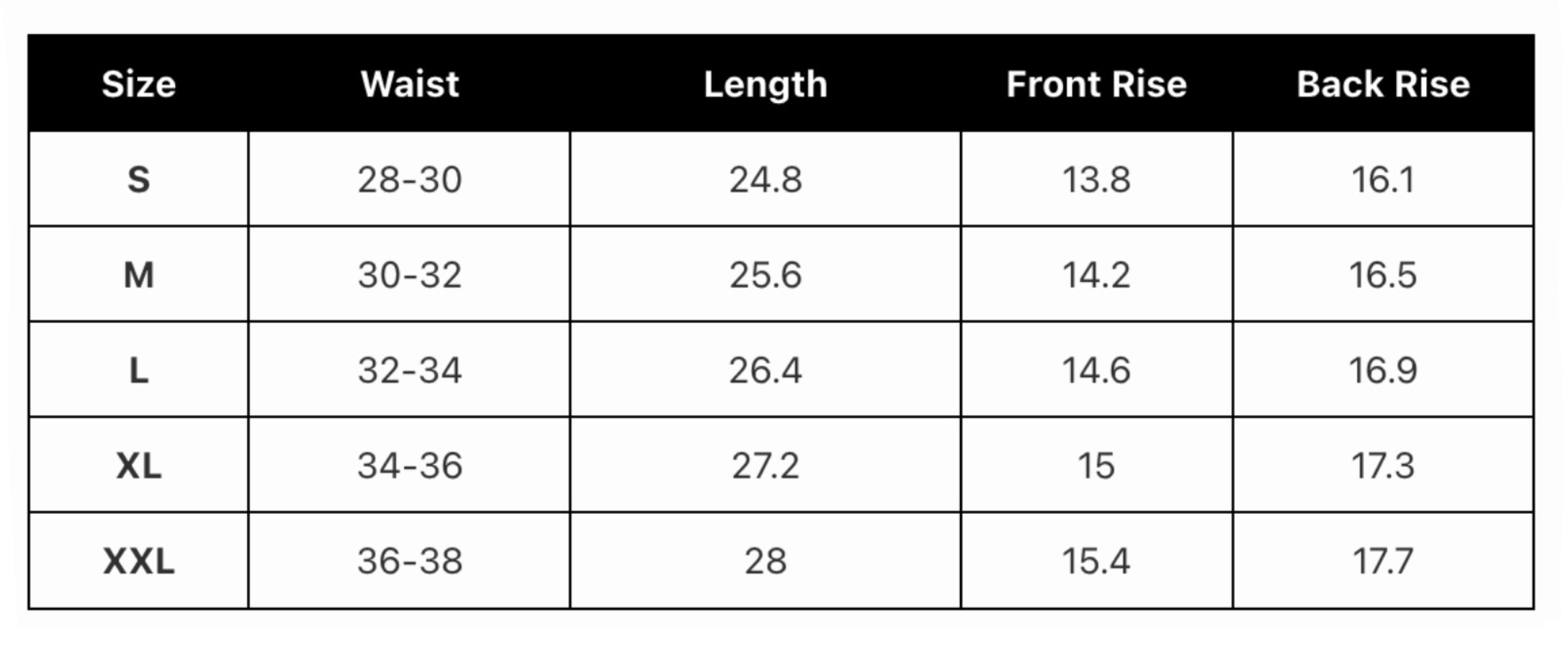 JAFARI SHORTS size chart (inch)