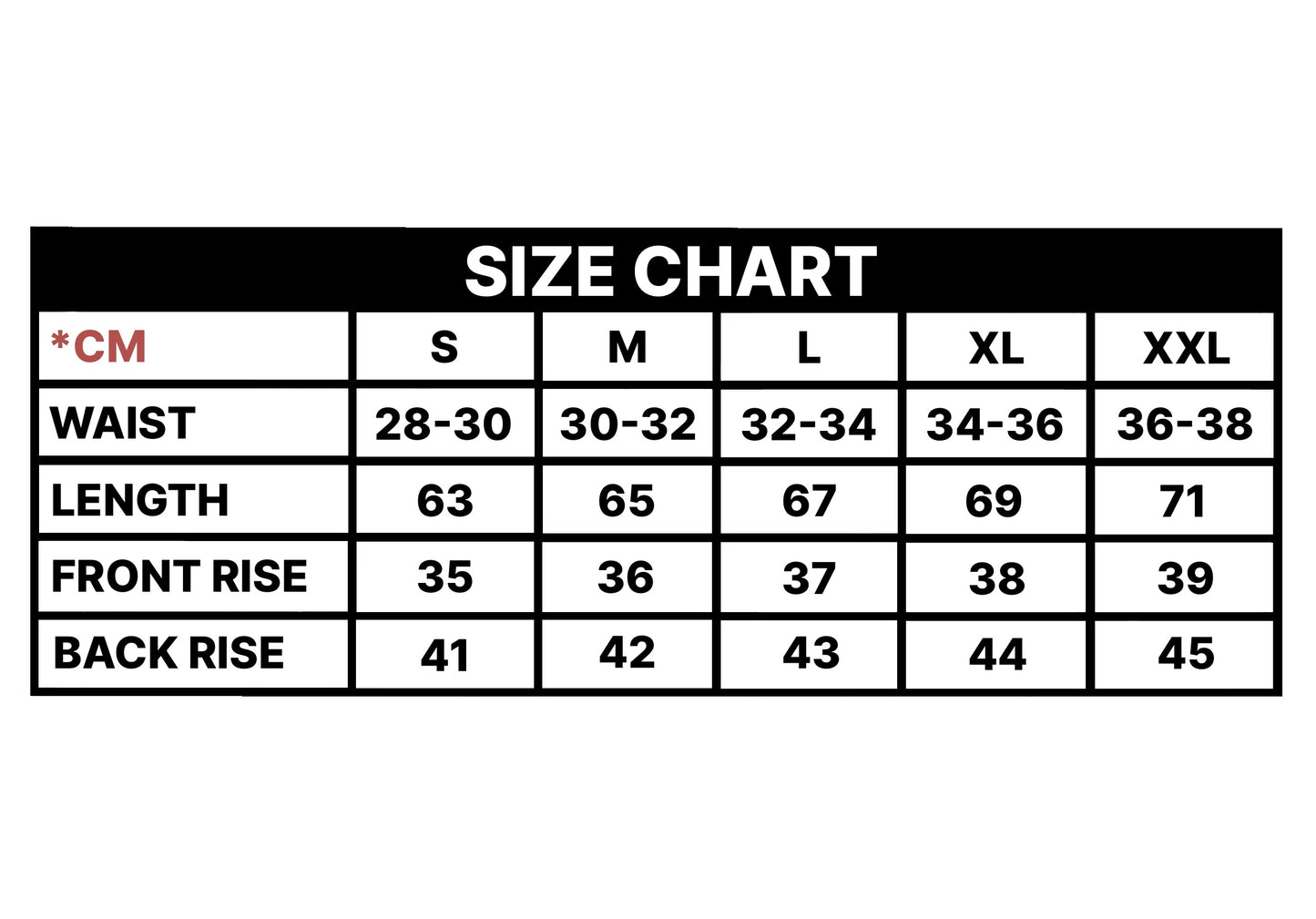 A size chart table showing measurements in centimeters for waist, length, front rise, and back rise across sizes S through XXL.