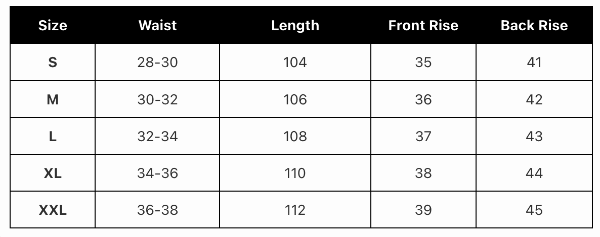 MATCHA SWEATS size chart (cm)