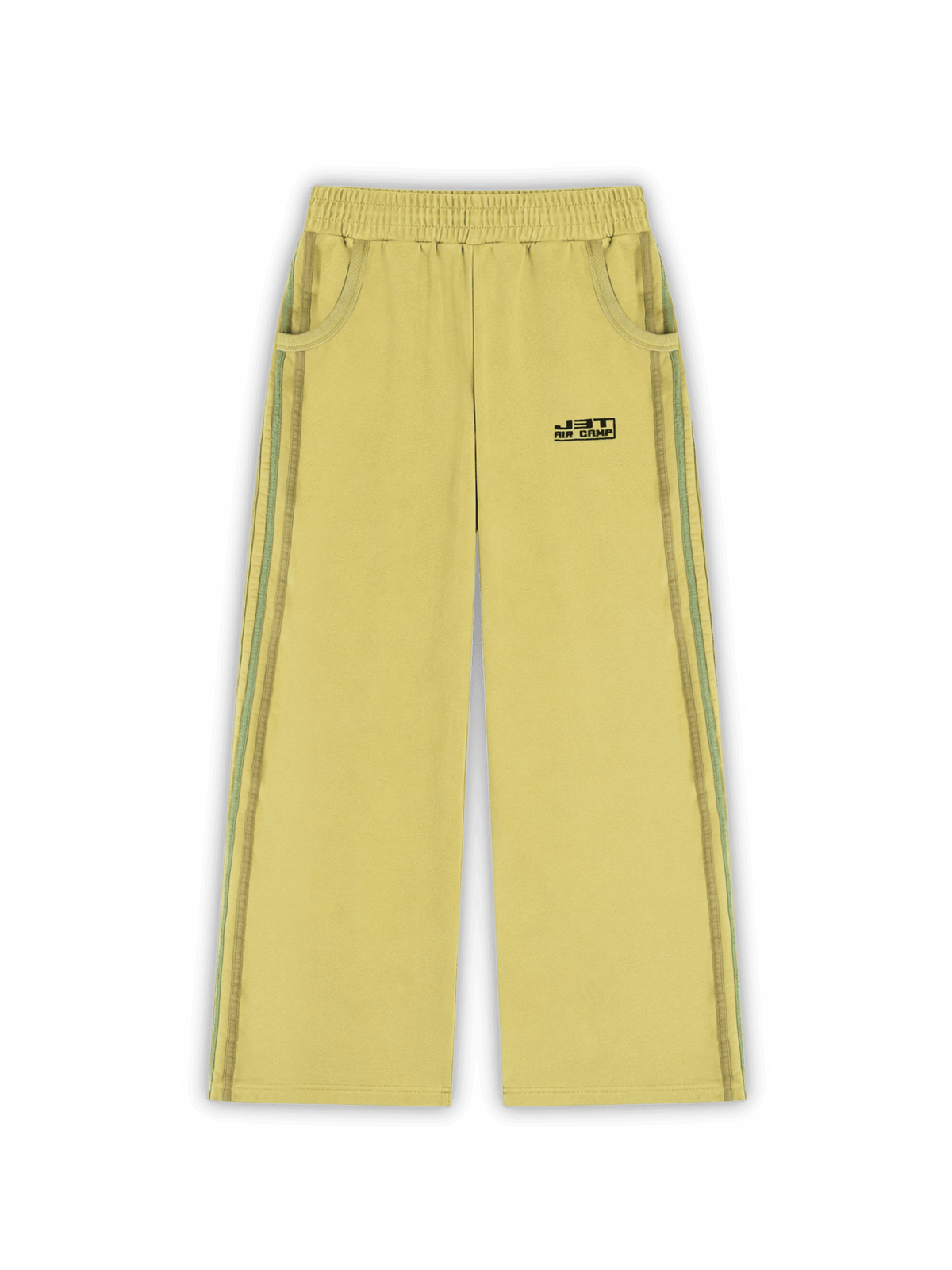 Flat lay photo of the matcha sweats. A wide-leg sweatpants in pale yellow, featuring a black logo embroidery, ribbed side pockets, and 5 side stripes running down the side of the legs on both side. j3t