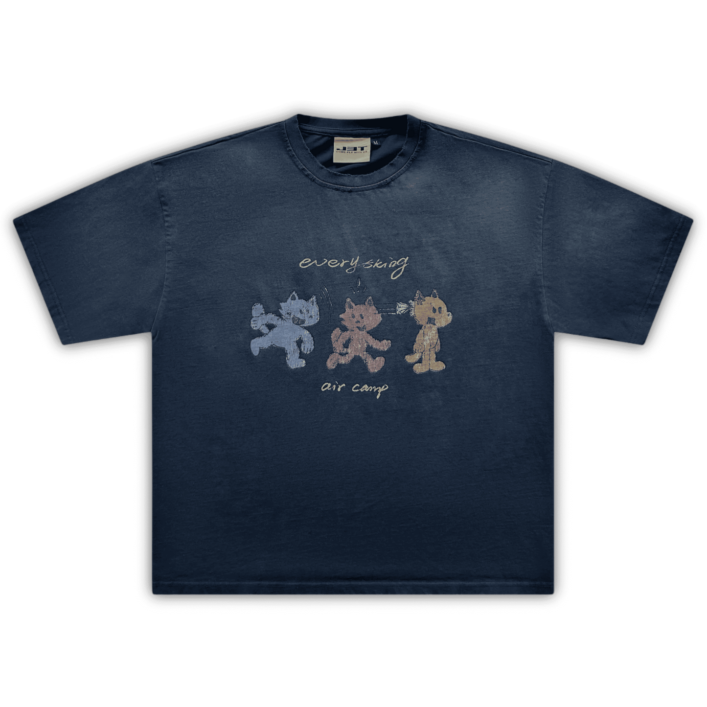 Flat lay image of the air camp tee by j3t. It is navy blue, featuring 3 wolf-like cartoon characters - blue, red and orange. above them is the text "everything". below them is the text "air camp"