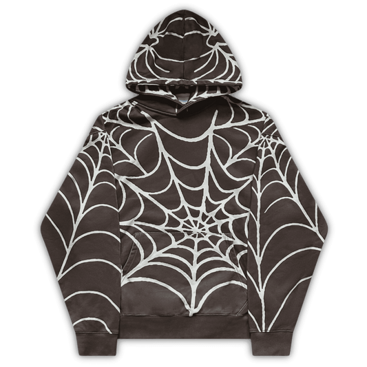 flatlay image of the brown spider hoodie by j3t. It has an all-over white webbing print