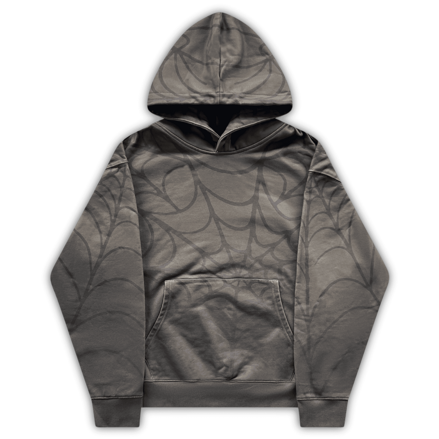 flaylay image of the green spider hoodie by j3t. It is an army green color with dark grey webbing