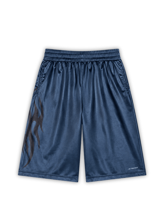 Flat lay of the tyson shorts. They are a rich navy blue color, with a large print on the left side of the leg, and small "jetberry" embroidered logo near the bottom of the right hem. j3t